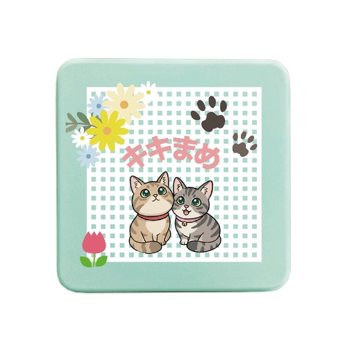和み系の猫イラストとチェック柄のオリジナルスクエア缶