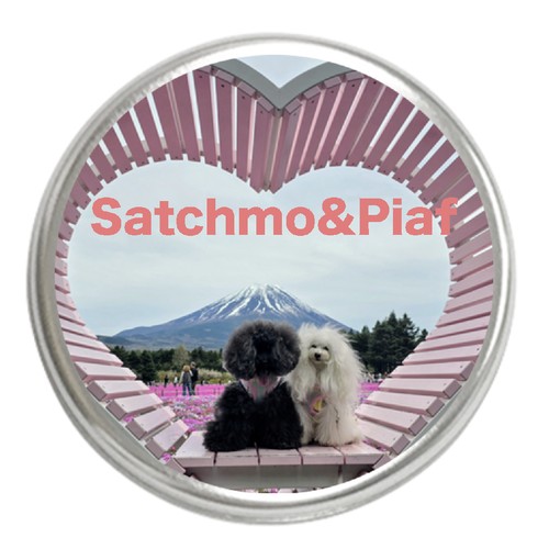 美しい富士山を背に並ぶ愛らしい愛犬の写真をプリントした缶